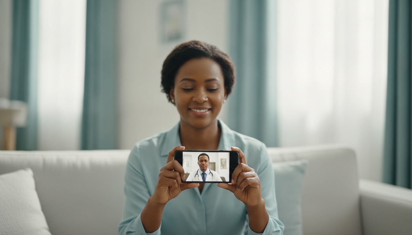 A patient on a video call with her doctor from home