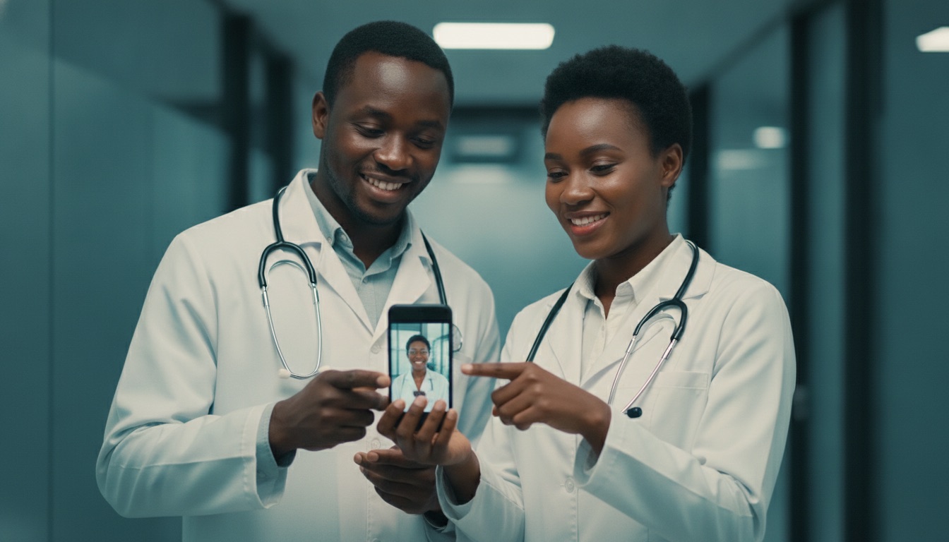 Two doctors conferring over a phone consult